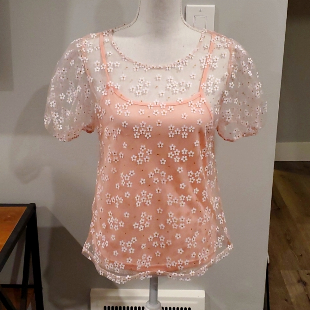 QED London flower sheer top with tank top